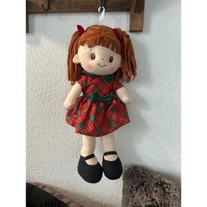 Linzy Plush Rag Doll Brown Hair Red Green Plaid Christmas Dress Soft Toy 16in